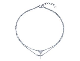 PARIKHS Rhodium Plated Double Row CZ Heart Cross Anklet in 925 Sterling Silver