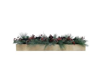 42-inch 5-Candle Holder Holiday Centerpiece with Frosted Pine Branches, Red Berries, Plaid Bows and