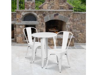 24" Round White Metal Indoor-Outdoor Table Set with 2 Cafe Chairs - Patio Set