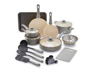 18pc Soft Grip Healthy Ceramic Nonstick Cookware Set Quartz Gray