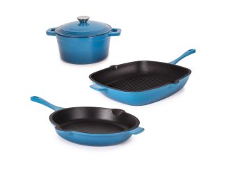 Neo 4pc Cast Iron Cookware Set, Fry Pan, Grill Pan & Round Dutch Oven, Blue