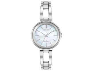 Ladies' Axiom Eco-Drive Watch, Silver-Tone Stainless Steel with White MOP Dial