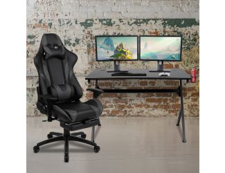 Black/Gray Gaming Desk Set - Cup/Headset Holder/Reclining & Footrest