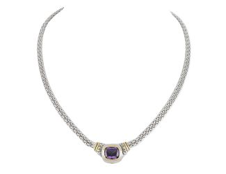 Nouveau Double Strand Necklace. Large Color CZ, Amethyst.  16" L, Settings 1" Lx1/2"W. Rhodium chain