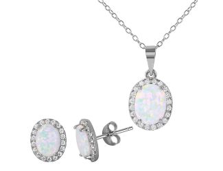 PARIKHS Rhodium Plated Oval Halo Necklace-Earring Set with Synthetic Opal, CZ in 925 Sterling Silver