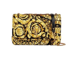 Versace Virtus Barocco Print Quilted Silk Shoulder Bag Black Gold