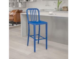 30" High Blue Metal Indoor-Outdoor Barstool with Vertical Slat Back