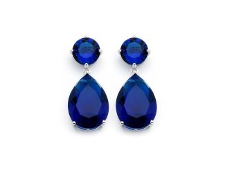 PARIKHS Rhodium Plated Round Teardrop Blue CZ Dangling Stud Earring in 925 Sterling Silver