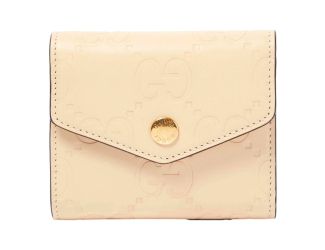Gucci Gilbert GG Embossed Calf Leather Beige Trifold Wallet Gold Logo
