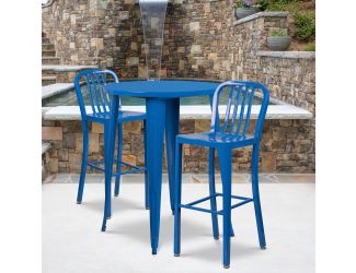 30" Round Blue Metal Indoor-Outdoor Bar Table Set with 2 Slat Back Stools