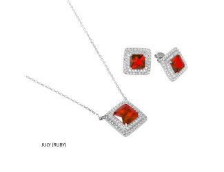 PARIKHS Rhodium Plated Square Ruby and CZ Cluster July Birthstone Set in 925 Sterling Silver