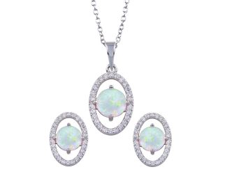 PARIKHS Synthetic Opal Center Open Oval CZ Necklace-Earring Set in 925 Sterling Silver