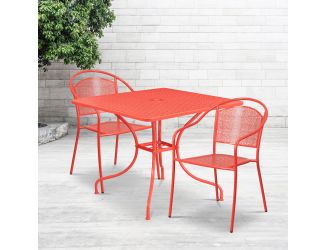 35.5" Square Coral Indoor-Outdoor Steel Patio Table Set w/ 2 Round Back Chairs