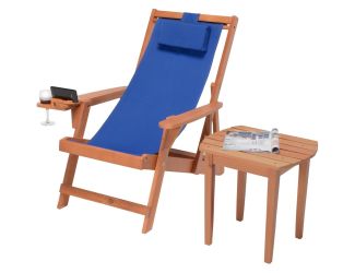 Romantic Collection - Canvas Sling Chair w/Beverage Holder & End Table - Walnut, Blue