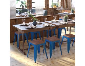Set of 4 Royal Blue 18" Table Height Indoor Stackable Metal Stool with Wood Seat
