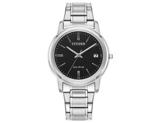 Ladies' Corporate Exclusive Eco-Drive Silver Stainless Steel Watch Black Dial
