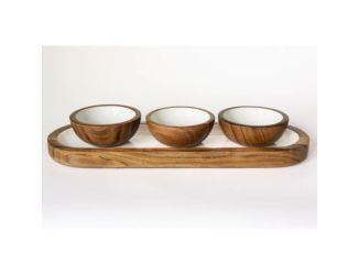 Jeanne Fitz Wood + White Collection Acacia Wood 3 Dipping Bowls and Tray