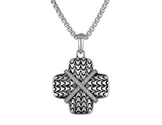 Bulova Link Cross hatched Cross in Sterling Silver/White Diamonds Pendant, 24"-26"