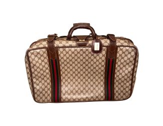 Gucci Vintage GG Monogram Canvas Travel Suitcase with Web Stripe and Leather Trim