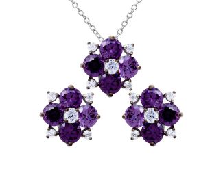 PARIKHS Rhodium Plated Purple Flower CZ Necklace-Earring Set in 925 Sterling Silver