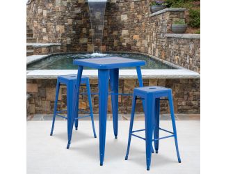 23.75" Square Blue Metal Bar Table Set with 2 Square Seat Backless Stools