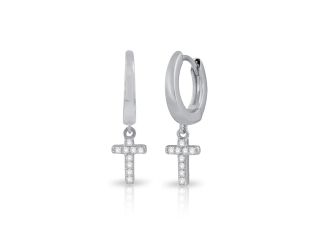 PARIKHS Rhodium Plated CZ Huggie hoop Cross Earrings in 925 Sterling Silver