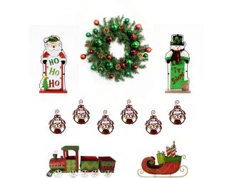 Bright Christmas 6-Piece Decorating Kit: Wreath, Train, Sleigh, Lighted Ho Ho Ho, Lighted Let it Sno