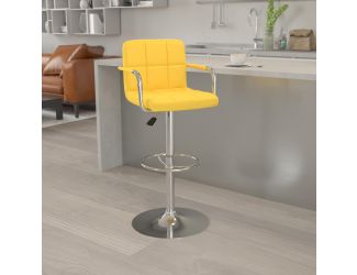Yellow Quilted Vinyl Adjustable Height Barstool with Arms and Chrome Base