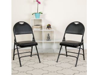 2PK Ultra-Premium Triple Braced Black Vinyl Folding Chair with Easy-Carry Handle
