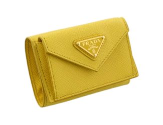 Prada Womens Tri-Fold Saffiano Leather Wallet Sole Yellow Triangle Logo