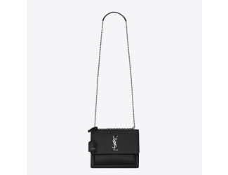 Sunset Medium Chain Bag in Smooth Leather with Silver Tone Trim - (Black)