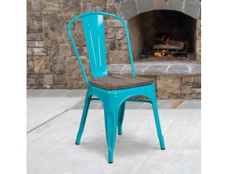 Crystal Teal-Blue Metal Stackable Chair with Wood Seat - Kitchen Furniture