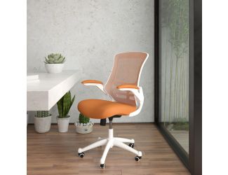 Mid-Back Tan Mesh Ergonomic Task Office Chair, White Frame - Flip-Up Arms