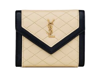 Saint Laurent Gaby Small Envelope Wallet Cream Black Quilted Lambskin YSL Gold Logo