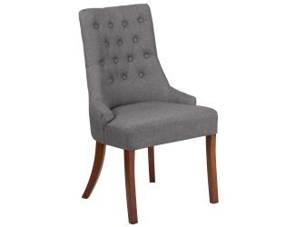 Gray Fabric Upholstered Button Tufted Chair with Curved Mahogany Legs