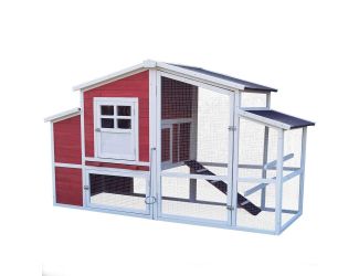 Outdoor Wooden Chicken Coop with Ramp, Wire Mesh Run, Waterproof Roof, Removable Tray 6.58-Ft. x 2.6