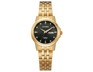 Ladies Quartz Gold-Tone Stainless Steel Watch Black Dial
