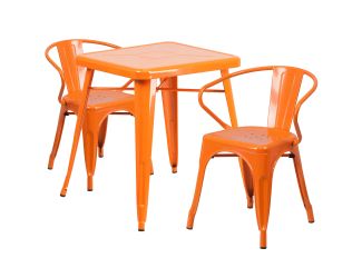 23.75" Square Orange Metal Indoor-Outdoor Table Set with 2 Arm Chairs