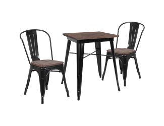 23.5" Square Black Metal Table Set with Wood Top and 2 Stack Chairs