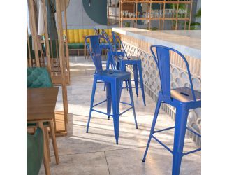 30" High Blue Metal Indoor-Outdoor Barstool with Back - Kitchen Furniture