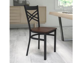 Black "X" Back Metal Restaurant Chair - Mahogany Wood Seat