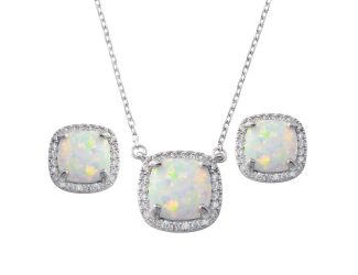 PARIKHS Rhodium Plated Square Synthetic Opal, CZ Halo Necklace-Earring Set in 925 Sterling Silver