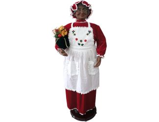 58-In. African American Dancing Mrs. Claus with Apron and Gift Sack, Life-Size Motion-Activated Chri