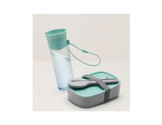 Leo Lunch Set with Water Bottle Flatware and Bento Box - (Grey and Green)