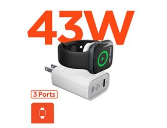 HyperGear SpeedBoost 43W Three-Port USB-C PD Fast Wall Charger w/ Built-In AppleWatch Charger, White