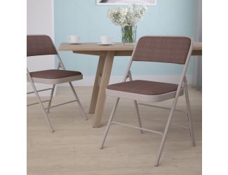 Curved Triple Braced & Double Hinged Brown Patterned Fabric Metal Folding Chair