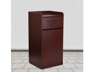 Wood Tray Top Receptacle in Mahogany - Commercial Grade Push Door Trash Can