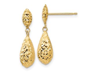 14k Diamond-cut Puff Teardrop Dangle Earrings