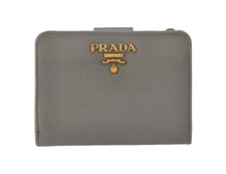 Prada Vitello Grain Argilla Grey Leather Small Wallet with Zipper Gold Plaque Logo
