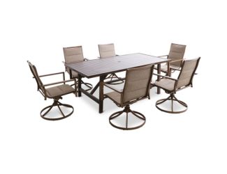 Atlas 7-Piece Outdoor Dining Set with 6 Padded Contoured-Sling Swivel Rockers and a 74-In. x 40-In.